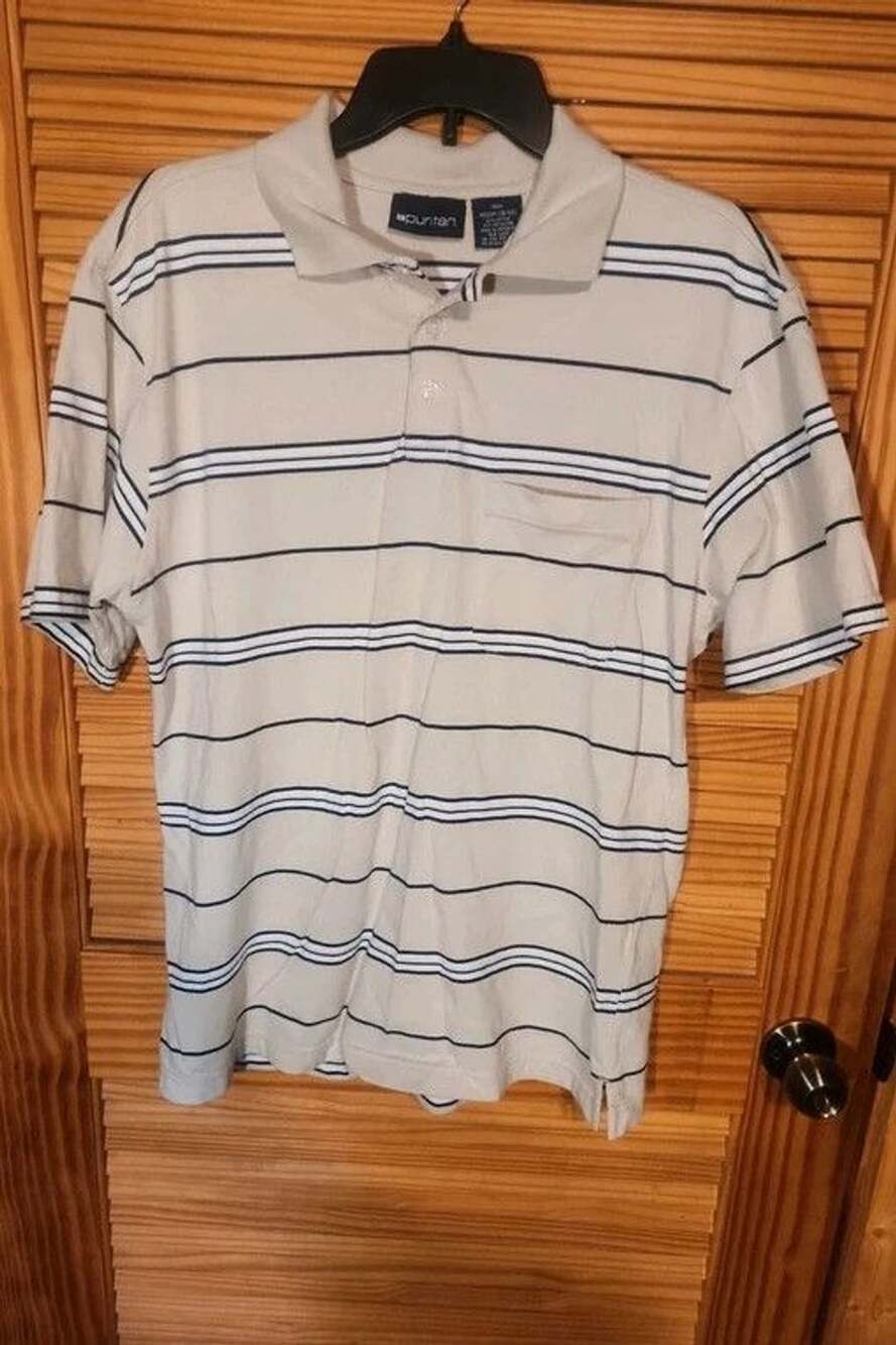 "Vintage. Vibe State of Mind: Classic '90s Cream & Navy Striped Polo!"